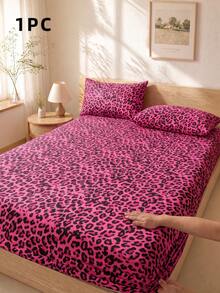 1pc Magenta Leopard Print Cherry Bow Pattern Fitted Sheet, Branch Pattern Mattress Protector, Fitted Sheet, Soft & Breathable, --Twin, Full, Queen, King Size, Deep Pocket Design Up To 11.8 Inches, Machine Washable. Back To School Dorm Essential - Hot Pink - View 1