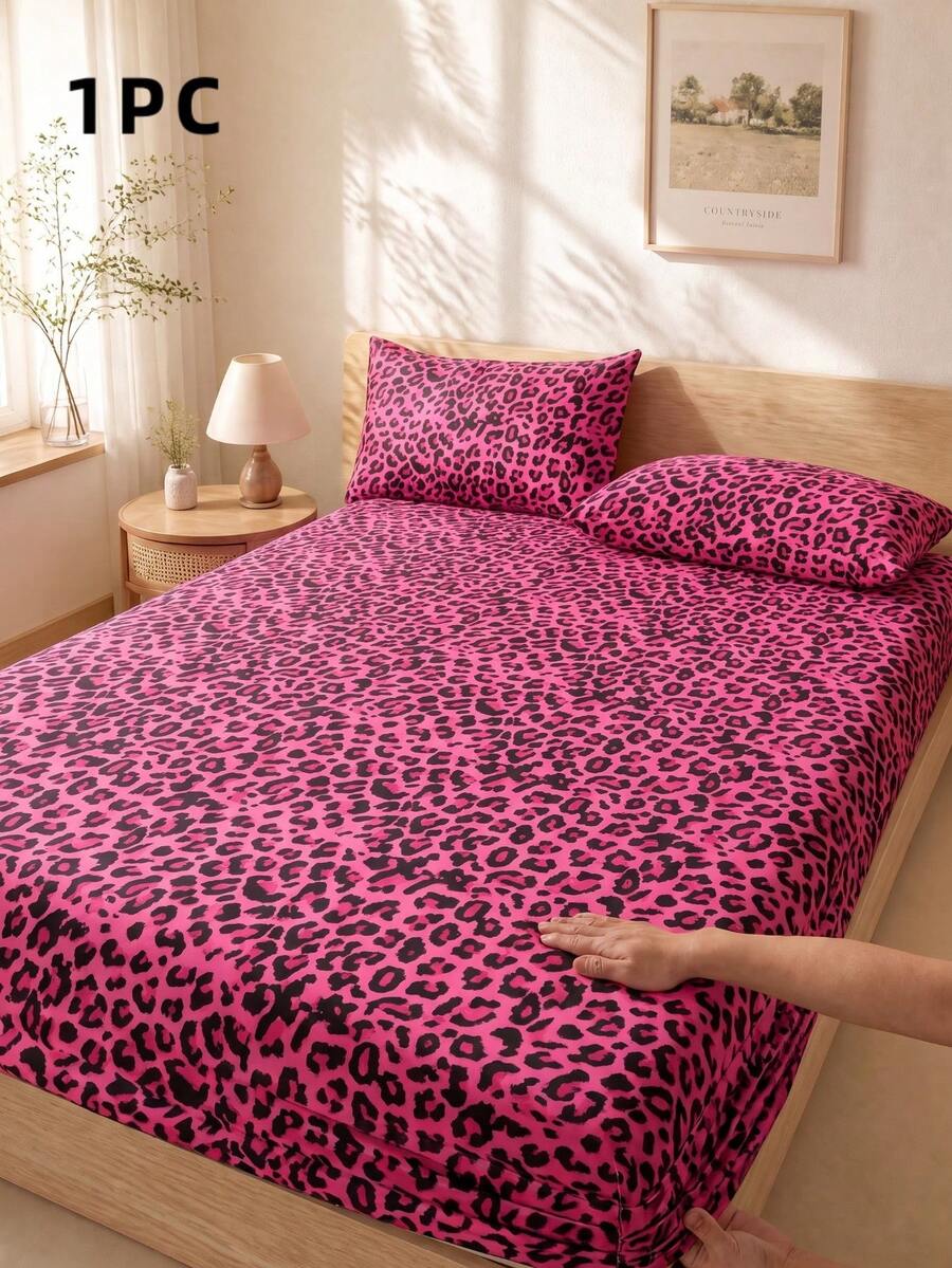 1pc Magenta Leopard Print Cherry Bow Pattern Fitted Sheet, Branch Pattern Mattress Protector, Fitted Sheet, Soft & Breathable, --Twin, Full, Queen, King Size, Deep Pocket Design Up To 11.8 Inches, Machine Washable. Back To School Dorm Essential - Hot Pink - View 1