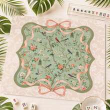 33"X33" Chinoiserie Bird Mahjong Mat, Sage Green Floral Game Mat, Pink Bow Mahjong Decor, SHIPS ROLLED - Multicolor - View 4