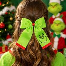 The Grinch Christmas Green Large Bow Hair Clip, Smiling Face Hair Tie Set, Half-Up Hair Accessory, Halloween Christmas Party Styling Hair Ornament, Holiday Atmosphere Photo Prop, Creative Niche Holiday Gift Accessory - Multicolor - View 3