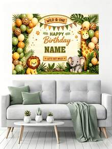Customizable Name Tropical Jungle Animal Theme Happy Birthday Backdrop, Leopard Print Triangle Bunting, Lion, Elephant, Giraffe, Palm Leaf, Wild King Decor Design, Personalized Animal Theme Birthday, Baby Shower, Gift Background Decoration Photography Prop Vinyl - Green - View 7