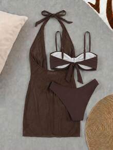 Summer Spicy Girl Style Dark Brown Halter Neck Swimsuit With Ring Decor Mesh Bodycon Skirt 3 Pieces Beach Vacation Set - Brown - View 3