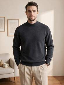 Men's Crew Neck Long Sleeve Solid Color Minimalist Casual Knit Sweater, Lightweight For Autumn/Winter - Dark Grey - View 2