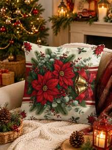 Classic Vintage Christmas Table Runner, Throw Pillow, Placemat, Red Poinsettia, Gold Bell, Red Ribbon, Pine Branch, Holly Berry Print, Country Style Kitchen Dining Table Decor Long Cloth, Holiday Party Decoration - Multicolor - View 8