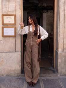 Women's Khaki Corduroy Overalls, Adjustable Shoulder Straps Wide Leg Jumpsuit With Front Pockets, Suitable For Autumn And Casual Daily Wear - Brown - View 1