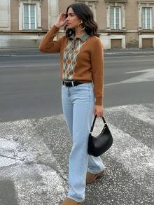Women's Argyle Pattern 2 In 1 Collar Knit Sweater, Long Sleeve Button Placket Preppy Pullover - Brown - View 2