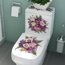 1pc European Floral Toilet Decor Sticker, Purple Rose & Orchid Bouquet Bathroom Toilet Seat Self-Adhesive Beautification Sticker - Multicolor - View 2