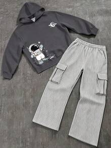 Cute Boys 2-Piece Sports Outfit, Astronaut Planet Star Print Hoodie And Striped Cargo Wide Leg Pants, Soft Children's Spring Autumn Winter Set - Dark Grey - View 2
