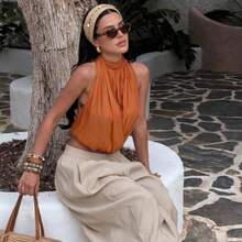 Women's Sexy Collarless Ruffle Strap Tank Top, Solid Color Sleeveless Party Blouse, Casual Style - Burnt Orange - View 3