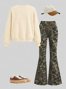 2pcs/Set Girls' Outfit, Cartoon Girl Print Sweatshirt + Plant Camouflage Flare Pants Sports Set, Spring/Autumn - Apricot - View 3