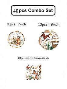 10/20/40/50/60/80Pcs Western Cowboy Desert Disposable Paper Tableware Set, Brown Horse Cactus Cowboy Hat Boot Horseshoe Print Paper Plates Cups Napkins, Kids Cowboy Wild West Rodeo Birthday Party Supplies Table Decor Essentials - Multicolor - View 17