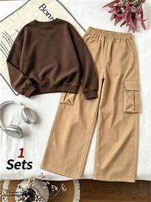 2pcs/Set Girls Casual Minimalist Style Outfit, Leopard Print Heart Pattern Crew Neck Sweatshirt + Cargo Pants, Soft Fabric Casual Streetwear - Multicolor - View 3