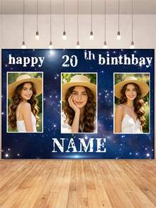 1pc Customizable Photo Name Age Blue Glitter Happy Birthday Backdrop, Blue Purple Glitter Starry Sky Personalized Birthday Background Decoration Design, Suitable For Cake Table Background Decoration Photography Banner Vinyl Material - Blue - View 3