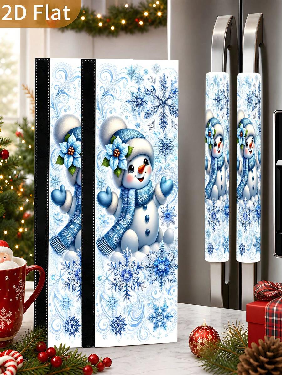 1/2Pcs Christmas Refrigerator Handle Covers, Blue Snowman & Snowflake Pattern, With Hook-And-Loop, Suitable For Refrigerator, Oven, Microwave, Dishwasher, Christmas Holiday Kitchen Decor - View 1