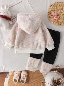 2pcs Baby Girl Cute Bow Embroidery Patchwork Thick Fleece Hooded Sweatshirt & Leggings Set, Thick Style For Autumn/Winter - Black and White - View 3