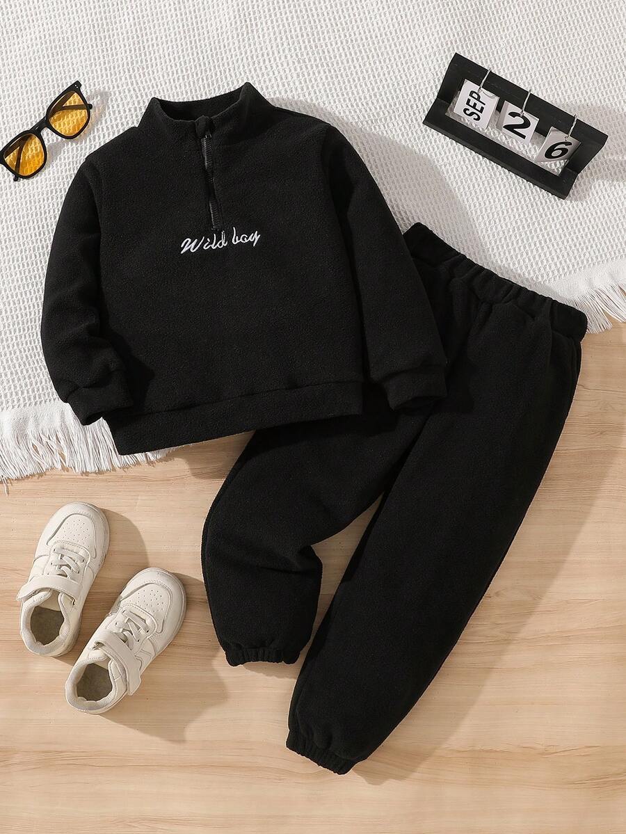 Young Boy Spring/Autumn Sweatshirt Set, Stand Collar Half-Zip English Embroidery Top And Casual Long Pants, New Style - Black - View 1