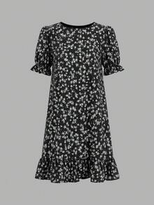 Gaun Wanita Motif Bunga Kecil Musim Gugur Panjang Sedang, Lengan Pendek Mengembang dengan Rok A-Line Berumbai (Sabuk Tidak Termasuk) - Hitam - View 7