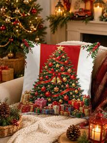 Vintage Country Style Christmas Tree Table Runner, Pillow Case, Placemat With Red Ribbon, Gold Bell, Gift Box And Holly Pattern, European And American Holiday Table Decor, Long Party Decoration - Multicolor - View 8