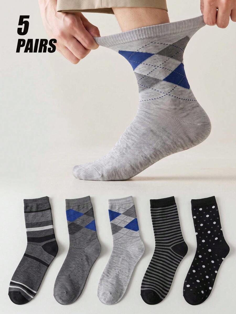 5 Pairs Men's Business Mid-Calf Socks, Argyle & Striped Combination Dress Socks, Soft & Comfortable Daily Wear Socks For Casual And Office Use - Multicolor - View 1