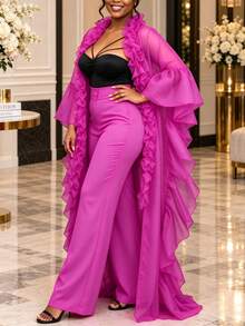 African Women Plus Size Fuchsia Sheer Organza Ruffle Long Kimono Robe Flare Sleeve Irregular Hem Mesh Cover Up Open Front Party Outfit - Hot Pink - View 2
