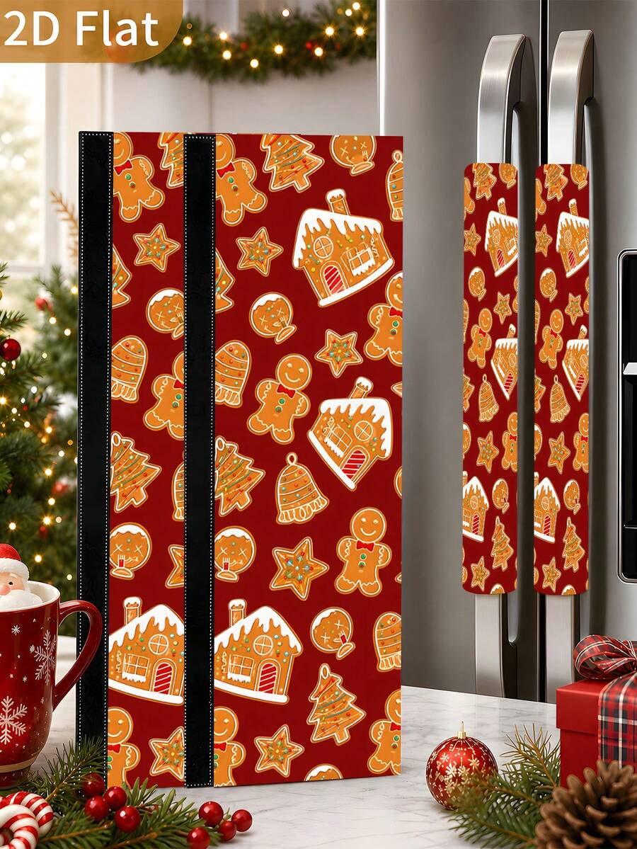 1/2Pcs Christmas Refrigerator Handle Covers, Gingerbread Man, Christmas Tree, Bell Pattern, With Hook & Loop Fastener, Suitable For Refrigerator, Oven, Microwave, Dishwasher, Christmas Holiday Kitchen Decoration - View 1