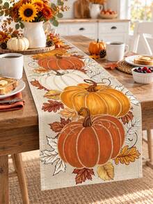 1pc Pumpkin Fall Table Runner, Rustic Autumn Linen Table Runner, Rectangular Farmhouse Thanksgiving Table Decor, Harvest Pumpkin Leaf Dining Tablecloth Runner For Fall Thanksgiving Dinner Party Home Kitchen - Multicolor - View 9
