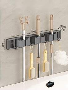 1pc Multifunctional Wall-Mounted Broom & Mop Holder, Silver Gray Rust-Proof Self-Adhesive Tool Organizer With Hooks, Suitable For Laundry Room, Garage, Kitchen, Christmas & Thanksgiving Home Cleaning Gift - Multicolor - View 9