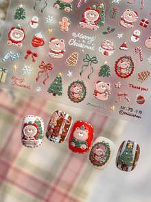 1pc Christmas Cartoon Bear & Gift Bow Nail Stickers, DIY Wearable Nail Art Decals For Fingernails, Atmospheric Daily Nail Decoration, Y2K Christmas New Style - Multicolor - View 2