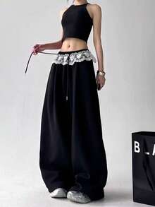 Women's Black Contrast Lace Wide Leg Long Pants Loose Bohemian Style, Slightly Elastic Fabric, Relaxed Fit - Black - View 6