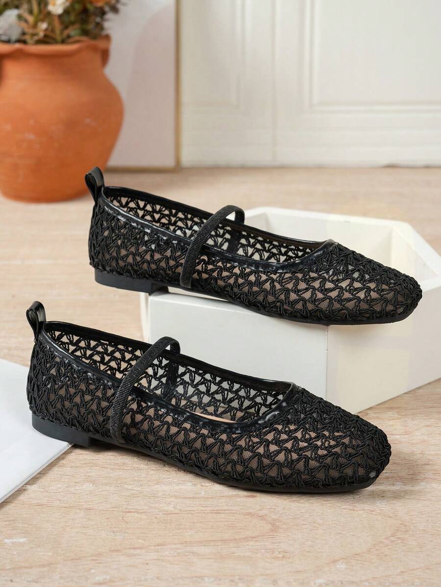 Women's Square Toe Hollow Mesh Mary Jane Flats, Single Strap Breathable Ballet Shoes, Summer Daily Commute Style