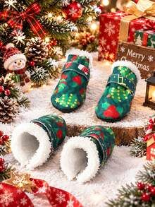 1 Set 4pcs Christmas Style Pet Shoes, Green Christmas Fruit Print Fleece Lining Warm Boots, Adjustable Hook & Loop Non-Slip Christmas Shoes, Suitable For Small Dogs And Cats - Green - View 7