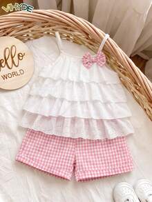 Vihyde Young Girls Cute Ruffle Lace Trim Bow Camisole & Shorts Vacation 2 Pieces Set - Baby Pink - View 11