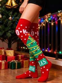 Women's Christmas Element Over-The-Knee Socks, Holiday Pattern Thigh-High Socks, Holiday Theme Knitted Leg Warmers, Elastic Cuff Seasonal Over-The-Knee Socks, Comfortable Socks - Red - View 3