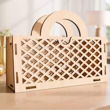 1pc Minimalist Rhombus Hollow Lattice Wooden Handheld Basket, Rectangular Double‑Handle Assembled Storage Caddy, For Kitchen Desktop Home Decor - Multicolor - View 3