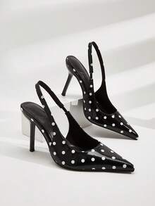 Women's Pointed Toe Sexy Red Polka Dot Open Heel Super Thin High Heels - Black - View 1