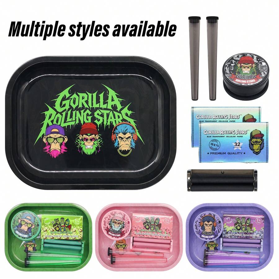 Rolling Tray Set, Includes 7.09*5.5 Inch Metal Tray, Double Layer Grinder, 78mm Rolling Machine, 2pcs Storage Tubes And 2 Packs Of Pre-Rolled Papers With Tips. Travel Rolling Tray Set, Perfect For Parties, Home Use, And An Ideal Gift For Smokers, Perfect Gift For Christmas And Halloween - Print - View 1