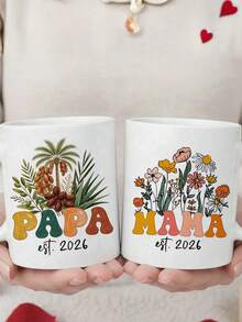 Papa Mama Est 2026 Coffee Mug Set, New Parents Floral Graphic Ceramic Cups, Pregnancy Announcement Gift For Expecting Mom Dad Baby Shower Present - Multicolor - View 7