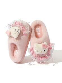 Hello Kitty Cartoon Cute Thick Sole Slippers Fluffy Bowknot Thermal Lined Comfortable Winter Slippers - Pink - View 7