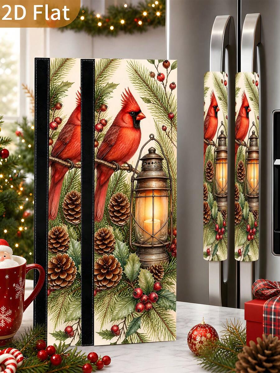 1/2Pcs Christmas Refrigerator Handle Covers, Northern Cardinal & Berry Pattern, With Hook And Loop, Suitable For Refrigerator, Oven, Microwave, Dishwasher, Christmas Holiday Kitchen Decor - View 1