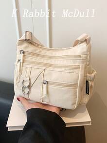 Tas Selempang Wanita Kasual Warna Polos Baru dari Nilon dengan Banyak Lapisan - Tas Serbaguna untuk Komuter dengan Banyak Kantong, Warna Beige - Krem - View 2