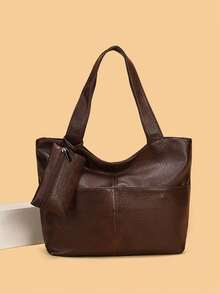 Tote Bag With Minimalist Design, Featuring Wide Shoulder Straps For Comfortable And Effortless Carrying. Exterior Zippered Compartment For Convenient Storage Of Small Items, Spacious Interior For Multiple Personal Belongings, Practical Style Suitable For Daily Use, Simple And Timeless Aesthetic. - Coffee - View 2