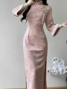 チャイナ服  チャイナドレス  ちゃいな ドレス  チャイナ コスプレ ピンクスエードの淑女風逆大袖チャイナドレス2025年秋新型改良新中式若い普段着 - AA - チェックする 2