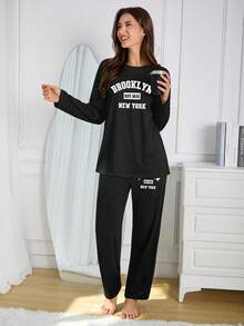 Women's Brooklyn New York Letter Print Pajama Set, Round Neck Long Sleeve Top & Loose Wide Leg Pants Set, Women's Loungewear Set - Black - View 6