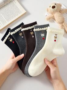 4 Pairs Women's Cute Sweet Breathable Bear Bow Cherry Pattern Short Socks, White Black Casual Comfortable Mid-Calf Socks, School Style Student Socks Gift, Random Color, Suitable For Daily Wear, Spring Summer Autumn Winter All Seasons - Multicolor - View 2