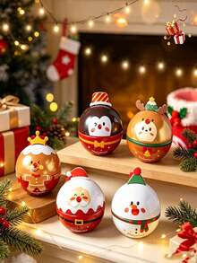 1pc New Mini Round Christmas Tin Ball Box, Cute Snowman & Reindeer Hanging Decor, Small Candy & Snack Storage Tin, Christmas Tree Decoration, Holiday Party Gift Box - Multicolor - View 3