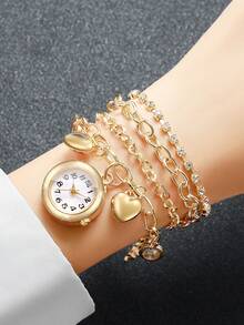 Women's Luxury Multi-Layer Chain Pendant Wristwatch, Heart & Flower Charm Rhinestone Bracelet Quartz Watch, Gift For Girlfriend (1pc/Set) Watch Box Not Included - Gold - View 2