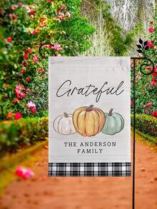 1PC Customizable Family Name Autumn Thanksgiving Garden Flag, Watercolor Pumpkin Black & White Plaid Patchwork Illustration Wall Decor, Linen Double-Sided Yard Decorative Flag, Harvest Thanksgiving Outdoor Yard Balcony Home Decor Hanging Flag (Flag Pole Not Included) - Multicolor - View 7