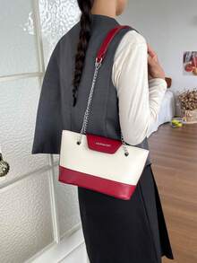 Women Color Block Chain Shoulder Bucket Bag, Letter Print Flap PU Handbag, Detachable Wide Strap, Elegant Daily Crossbody Tote Purse - Multicolor - View 5