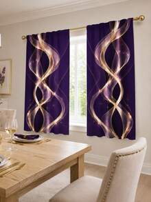 2pcs, Polyester Material, Deep Purple Dreamy Gold Curved Pattern Printed, Light Filtering Curtains, Suitable For Bedroom, Living Room, Office And Home Decor, Rod Pocket Design, Suitable For Rod Installation - Multicolor - View 7