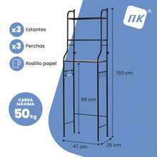 NK Estantería de Baño sobre Inodoro – 153x47x26 cm, 3 Baldas Superiores, 3 Ganchos, Portarrollos, Patas Antideslizantes, Estructura de Hierro y PP, Color Negro, Montaje Fácil - Blanco - Ver 2
